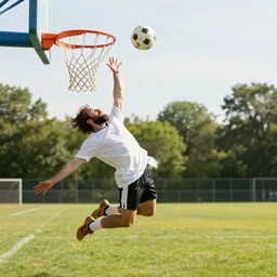 Jesus Christ slam dunking a soccer ball into a hula hoop