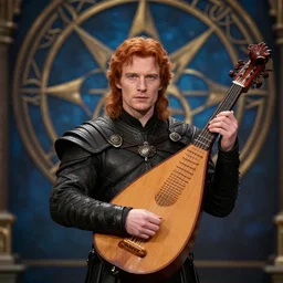 hyper realistic photograph of Kwothe played by Michael Fassbender, 4k, Carl Zeiss, sigma, Tamron so 85mm, stunning arcanum backdrop, magic, detailed set design, award winning costume design, cinematic, lute, red hair