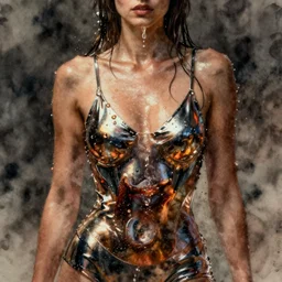 sensual wet fashion model in soda water, in the style of irakli nadar, liquid metal top, effervescent, warm, dark, brooding, poster art, high detail, hyperrealistic watercolor, deep mood, hyperrealism, 3 d, epic and cinematic, roger deakins on cinematography