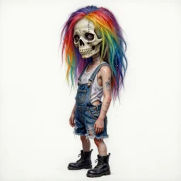 mixed media painting of a grungy skull woman with rainbow hair, stitched together, soft eyes and narrow chin, dainty figure, torn overalls, short shorts, combat boots, basic white background, side boob, wet tshirt, wet, raining, portrait, extremely hyper - detailed, intricate, epic composition, trending on artstation, very detailed, masterpiece, stunning,