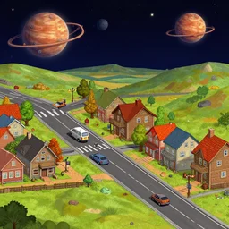 on main street in a small town on a remote human colony planet, from a space themed point and click 2 d graphic adventure game, art inspired by thomas kinkade
