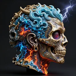 3 d ornate carved joker with tattoos profile portrait, sigma 5 0 0 mm f / 5. beautiful intricate highly detailed quetzalcoatl skull. bioluminescent, plasma, lava, ice, water, wind, creature, thunderstorm! artwork by tooth wu and wlop and beeple and greg rutkowski, 8 k trending on artstation