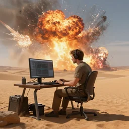 A man sitting in the desert at a computer, explosions in the background, digital art, artstation, hyperdetalied, high rendering, high quality, 8k,