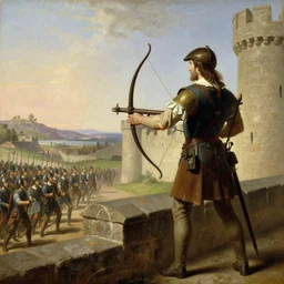 attractive crossbowman watches an army approach, he is on a castle wall, painting by gaston bussiere, craig mullins, j. c. leyendecker