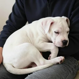 portrait of tired white pitbull puppy curled up on a japanese man's lap, highly detailed, cozy aesthetic, fukaya yuichiro