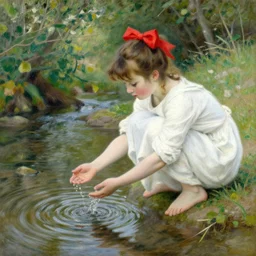 rina playing with the water, wearing white cloths, and a red bow in her hair, sitting by the side of a creek, in the painting style of renoir, 8 k, detailed, rule of thirds