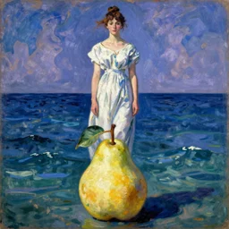 vintage beautiful painting of a woman standing on a pear in the middle of the ocean in Mary Cassatt style