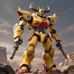 a muscular yellow and red humanoid robot with large horns. It has a gun in one hand and a knife in the other