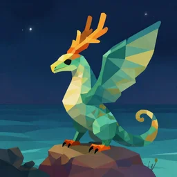 low poly'' quetzalcoatl over the sea at night'' cover art