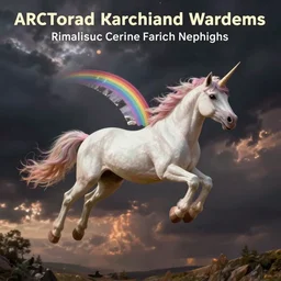 a unicorn flying with a rainbow stuck to its back