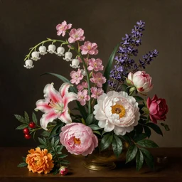 still life of flowers, dutch painting, old masters, in the style of rachel ruysch, complex 3 d render, ultra detailed, 8 5 mm lens, refined, high definition, pink blossoms, snowbells, lavender, lily, peonies, roses, foliage, red berries, marigold