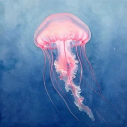 a realist watercolor painting of a pink jellyfish underwater, in the style of joseph zbukvic