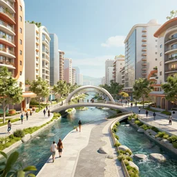 an optimistic futuristic pedestrian city with landscaped streams, idyllic crossing bridges, by ismail inceoglu