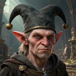 highly detailed closeup portrait of a medieval goblin wearing a jesters hat, stephen bliss, unreal engine, greg rutkowski, ilya kuvshinov, ross draws, hyung tae and frank frazetta, tom bagshaw, tom whalen, nicoletta ceccoli, mark ryden, earl norem, global illumination, god rays, detailed and intricate environment