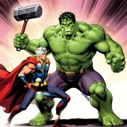 The Hulk as Superman swinging Thor's hammer.