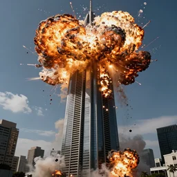 explosion of militech skyscraper, bottom viev, ultra realistic, high details, cyberpunk