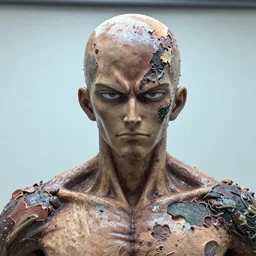 photo taken of an epic intricate, ultra detailed, super realistic gritty, wet, lifelike sculpture of saitama from one ounch man with patches of skin created by weta workshop, zoomed in shots, subsurface scattering, photorealistic, sharp focus, white wall coloured workshop, cold colour temperature, f 0. 4, face centred, golden ratio