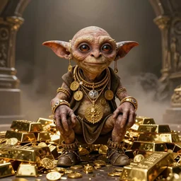 gollum couching in a dungeon proudly wearing lots of gold and jewelry and bling and medallions, pile of gold, gold bars, hip hop style, lotr, imax, foggy atmosphere, bokeh, professional studio shot, stylized photo, single image