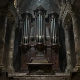 a hyperdetailed painting of a dark pipe organ in the middle of an ancient ruined temple, epic, gritty, dark soul concept, by beksinski, ruan jia, trending in artstation