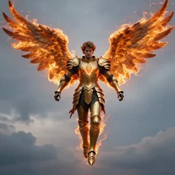 epic portrait of an armored male angel with flaming wings, flying in the sky