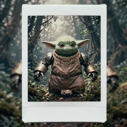 dynamic action pose  !!! giant oversized battle yoda grogu chubby robot  mech  , on a  jungle forest , full body , Cinematic focus, Polaroid photo, vintage , neutral dull colors,  foggy mist ,   by oleg oprisco , by victor enrich , by gregory crewdson