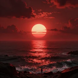 dark matter red infernal world future landscape ocean and sun hyper reflection in the horror them open street schizophrenia and stratification of consciousness mad poster highly detailed full HD 8K resolution