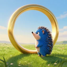 ( ( a cute blue hedgehog looking up at a large ring made of gold in the sky, cover art ) ), large gold ring!, blue fur, gold ring, beautiful green grassland, early morning hours, long shadows, extremely detailed, fantasy painting, by jean - baptiste monge!!!!