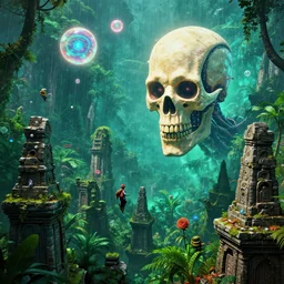 mysterious glowing orbs and giant skeletal biomechanical head sailing over stone temple ruins in lush rainforest mountaintops, synthwave, bright neon colors, highly detailed, cinematic, tim white, vladimir kush, philippe druillet, roger dean, bob eggleton, michael whelan, boris vallejo, alfred kelsner, kubrick, jaroslaw jasnikowski