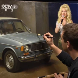 cctv footage of caravaggio painting a car with an airbrush while dolly parton sings