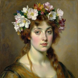 a painting of a woman with flowers in her hair, a detailed painting by john singer sargent and rebecca guay, deviantart, figurative art, feminine, pre - raphaelite