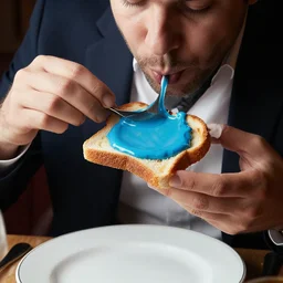 photography of a fancy gentleman eating a toast with blue liquid spread over it,