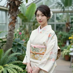 photograph of a beautiful Japanese woman wearing a pretty kimono in a tropical greenhouse, by Annie Leibowiz, extremely detailed, 4K, 85mm lens, photorealistic, trending on artstation