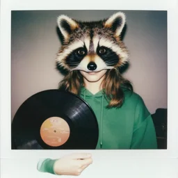 medium shot, photo of a girl in a detailed hyperrealistic raccoon mask, wearing a green hoodie, holding a vinyl record, 8 0 - s fashion, polaroid photo, by warhol,