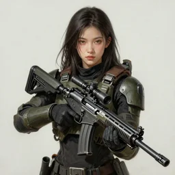 a photorealistic painting of an attractive young girl, clothed in stealth-like battle armor, a giant sci-fi sniper rifle, olive skin, long dark hair, beautiful bone structure, symmetrical face, perfect eyes, intricate details, elegant, digital painting, illustration, sharp focus, minimal artifacts, from Metal Gear, in the style of Ruan Jia and Mandy Jurgens and Greg Rutkowski, trending on Artstation, award winning, unreal engine, octane render