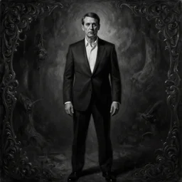 Ted Cruz stands alone, the last man on earth, black and white, creepy lighting, scary, horror, ornate, eerie, fear, oil painting