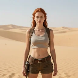 fantasy concept art, wide angle, young woman, front facing, auburn hair, athletic, slavic features, clean face, serious demeanor, tomb raider, desert background, in the style of ruan jia, high detail, uplit, 8 k