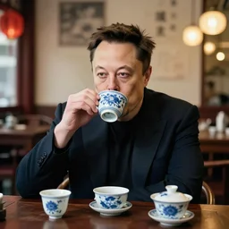 elon musk drinking chinese tea in a chinse tea house