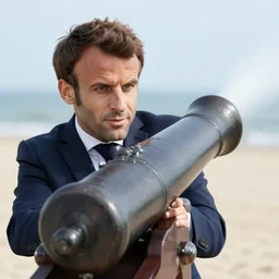 closeup portrait of emmanuel macron firing a cannon at the beach, natural light, sharp, detailed face, magazine, press, photo, steve mccurry, david lazar, canon, nikon, focus
