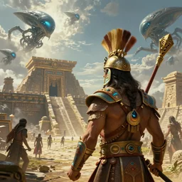 A fierce Aztec warrior watches the alien fleet arrive at the Aztec temple. Intense dramatic epic sci-fi fantasy concept artwork in the style of Greg rutkowski and Sylvain Lorgeou. Awarded on artstation