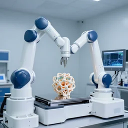 a complex bifurcated robotic cnc surgical arm hybrid mri 3 d printer machine making organic ceramic kintsugi mandlebulb forms in the glass room laboratory with control panels, surgical room with operating table, medical, film still from the movie directed by denis villeneuve with art direction by salvador dali, wide lens, f 3 2,, golden hour,