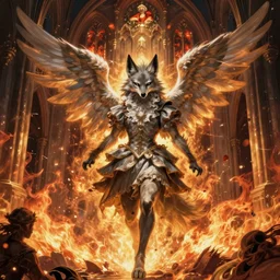 A epic and beautiful rococo painting of a angelic werewolf inside a burning cathedral. Final boss. Castlevania style. ultra-detailed. Anime, pixiv, UHD 8K CryEngine, octane render