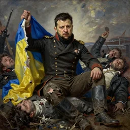 a magnificent oil  painting of   Volodymyr Zelensky  at war,  dressed like  Napoleon Bonaparte, his clothes are torn and dirty, he is sitting between dead corpses and weeping, holding a half burnt blue and yellow flag of Ukraine, in the style of  Benjamin West