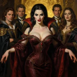 majestic gracious regal aristocratic female vampire portrait, atmospheric lighting, painted, curvy, voluptuous, menacing, intricate, volumetric lighting, beautiful, rich deep colours masterpiece, golden hour, sharp focus, ultra detailed, by leesha hannigan, ross tran, thierry doizon, kai carpenter, ignacio fernandez rios