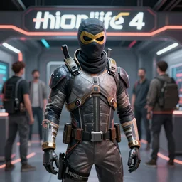 photo 3 d robot ninja mask combinaison suit in half life 4 of gordon freeman fantasy fanart station concept design, global illumination ray tracing hdr fanart arstation by sung choi and eric pfeiffer and gabriel garza and casper konefal