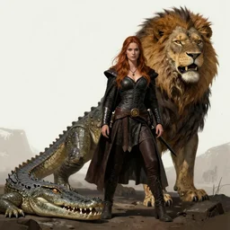 A beautiful woman, conan style, standing next to a large alien lion-like crocodile creature, by Boris Vallejo.