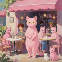 a mixed media portrait painting of a cat in an aesthetic pink cat - themed cafe, cats everywhere, minimalist, by studio ghibli, thomas kinkade, frank frazetta, greg rutkowski, beeple, yoko taro, christian macnevin, beeple, wlop and krenz cushart, epic fantasy character art, volumetric outdoor lighting, midday, high fantasy, cgsociety, cheerful colours, full length, exquisite detail, post - processing, masterpiece, cinematic