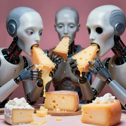 incredible strange absurd closeup artwork of androids tasting cheese, finding it very weird but yet oddly tasteful at the same time, weird tasting ritual of cheese products in the style of tim walker fashion photography, also containing some soft cheese