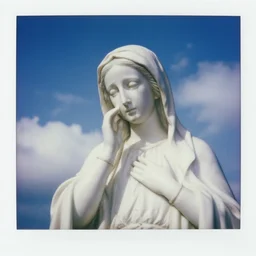 closeup of crying white mother mary statue pictured slightly from below, clear sky with blue clouds in background, vintage polaroid