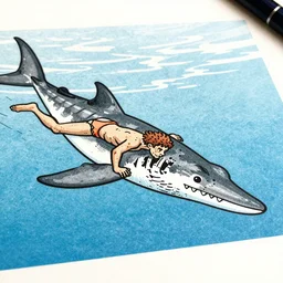 a close - up grainy risograph, painting of a prehistoric caveman, swimming to escape plesiosaurus by moebius and lehr paul and kim jung gi