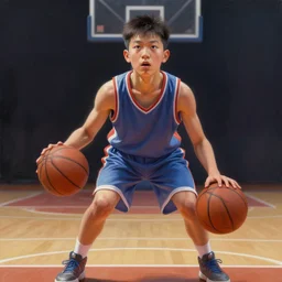 portrait of a boy at a basketball court playing basketball wearing a basketball uniform in a basketball court, intense emotion, intricate, elegant, highly detailed, centered, digital painting, artstation, concept art, smooth, sharp focus, illustration, by Peter Mohrbacher, WLOP
